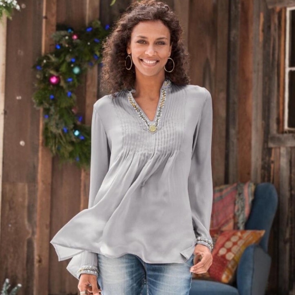 Sundance Silver Blouse with Beaded Neckline
